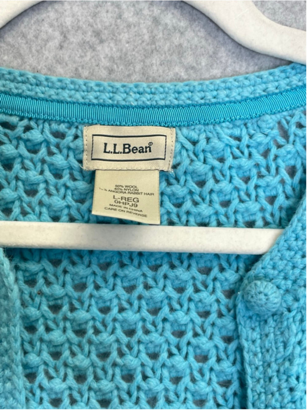 L.L.Bean Blue Open Knit Wool Angora Cardigan Sweater L - Picture 4 of 10
